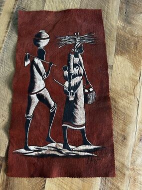 Vintage African Hand Painted Batik Bark Cloth Felt Wall Art Signed 23” X 12.5”